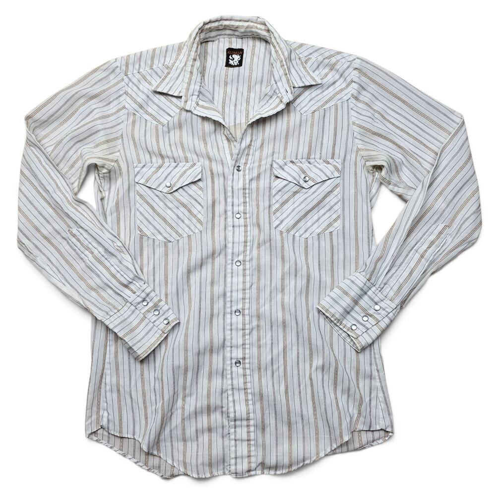 KARMAN Western Pearl Snap Shirt Men's S VTG 80's Striped Retro Cowboy Ranchwear